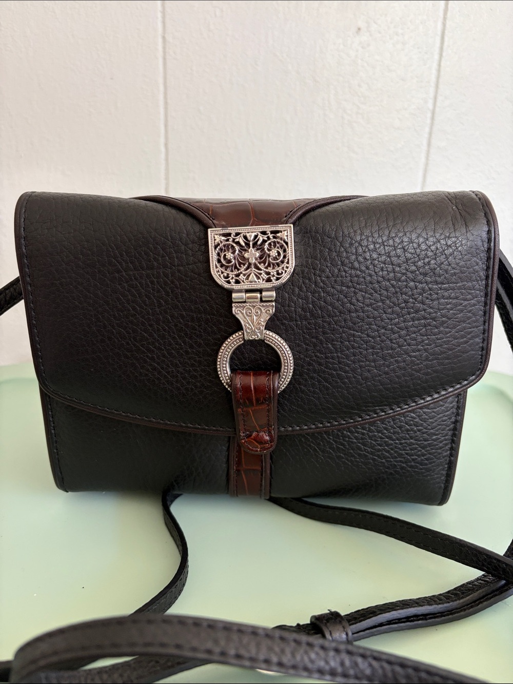 Brighton Black Leather Crossbody with Brown Strap Accent